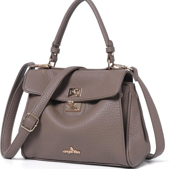 Chic Vegan Leather Satchel Handbag with Double Lock Closure - Taupe, Small Size - Picture 1 of 9